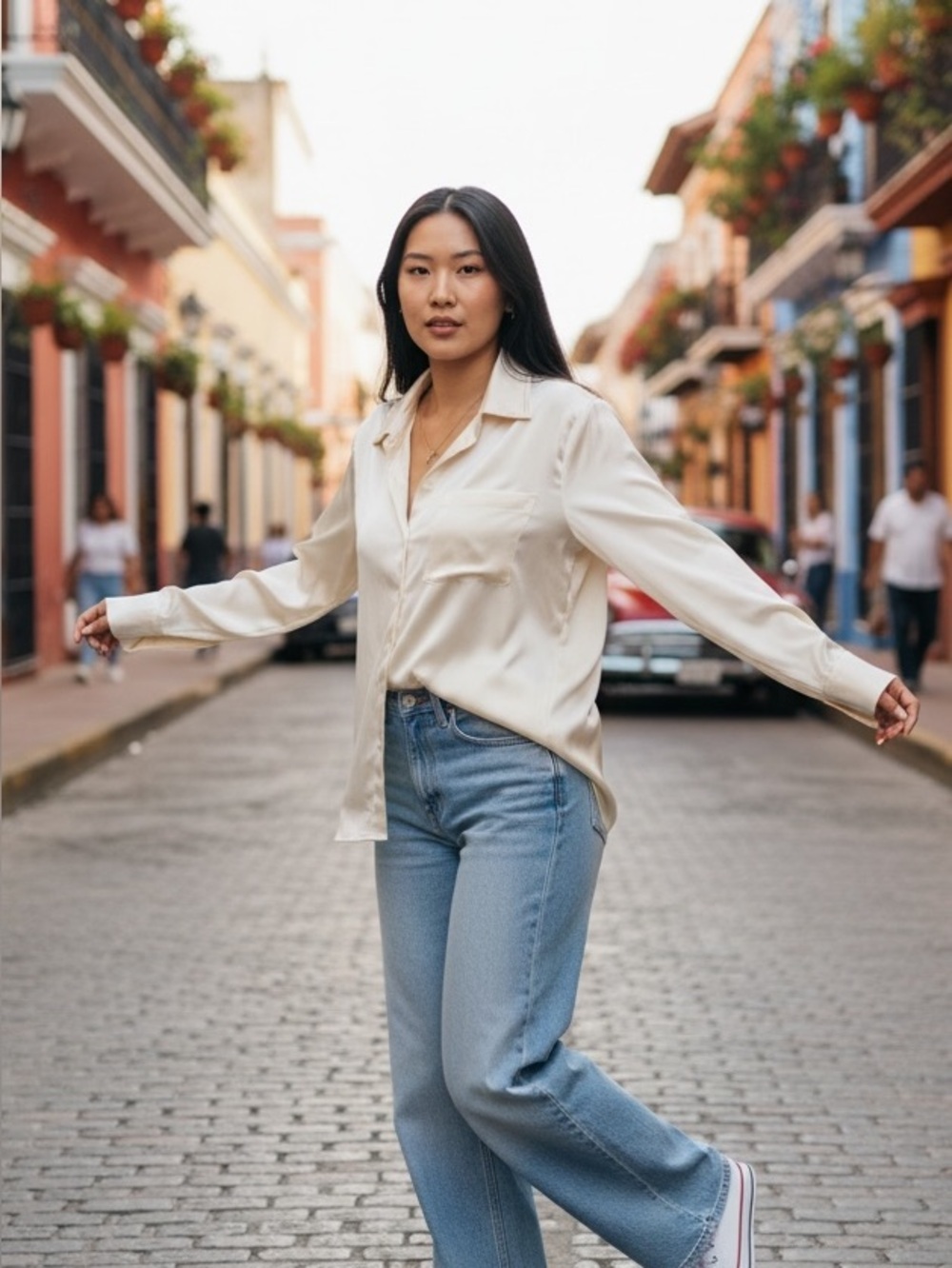 Free People Satin Cream Button-Front Shirt (oversized)
